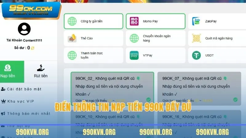 Điền thông tin nạp tiền 99OK đầy đủ